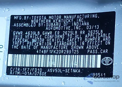 2013 Toyota Camry Le из США, поврежденный, VIN 4T4BF1FK2DR299125